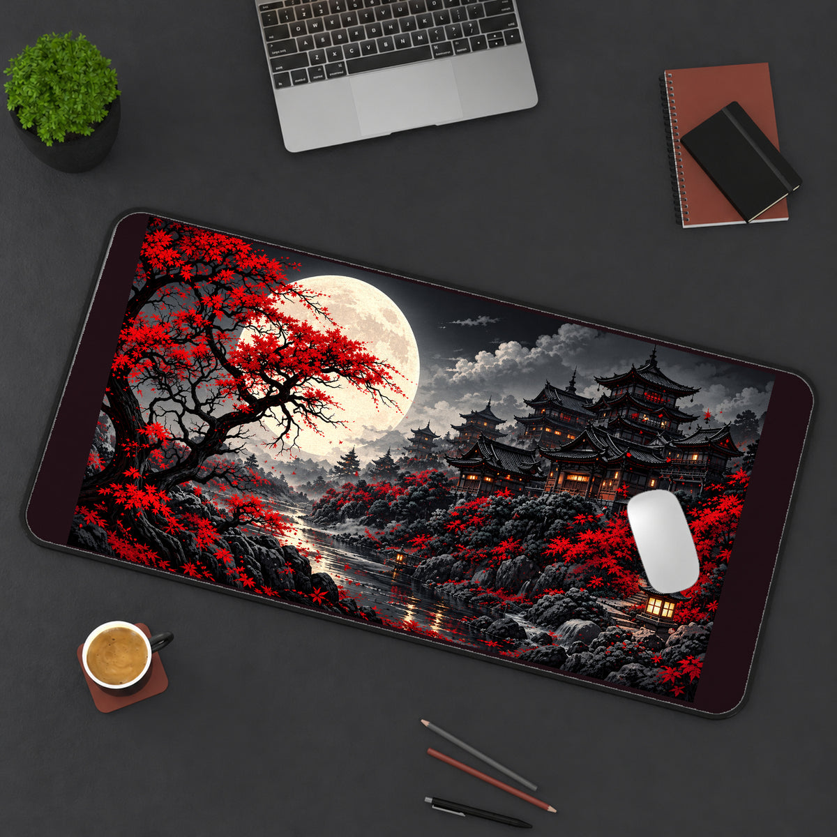 Red Maple Moonlit Pagodas desk mat — product mockup 3