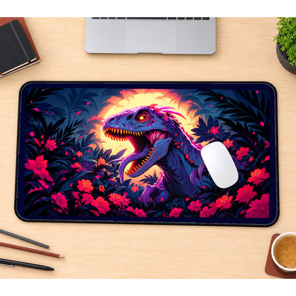 Neon Dinosaur in Tropical Flowers desk mat — product mockup 1