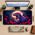 Neon Dinosaur in Tropical Flowers desk mat — product mockup 2