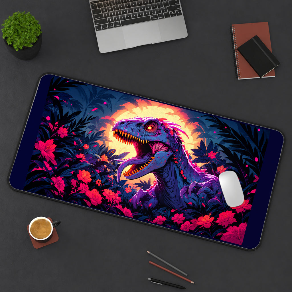 Neon Dinosaur in Tropical Flowers desk mat — product mockup 3