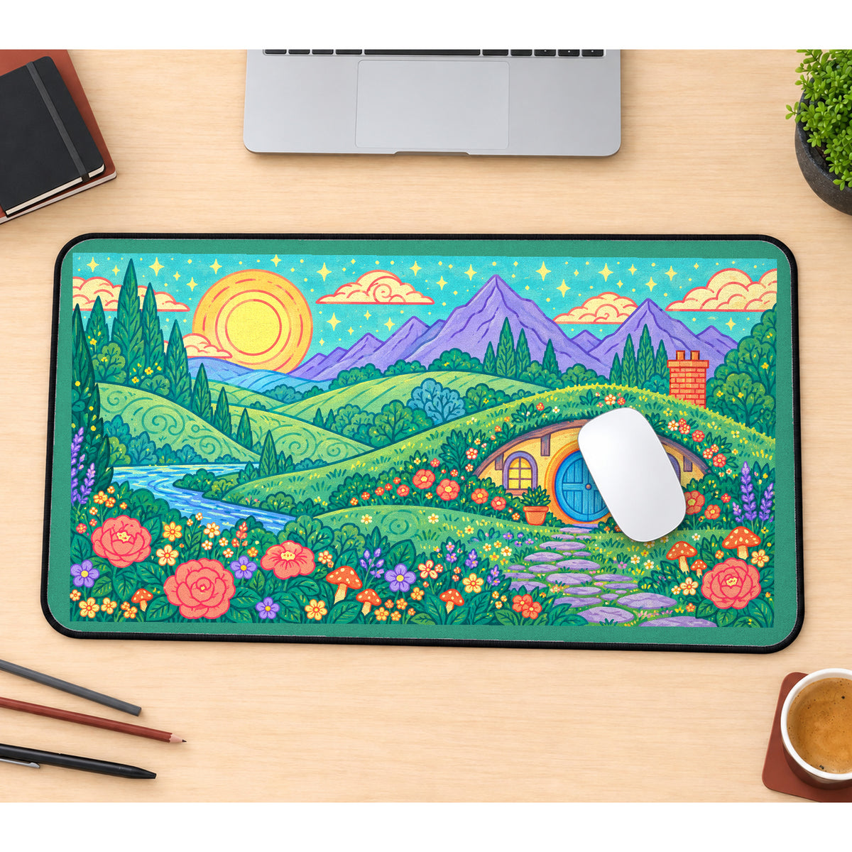 Round Door Cottage in Rolling Hills desk mat — product mockup 1