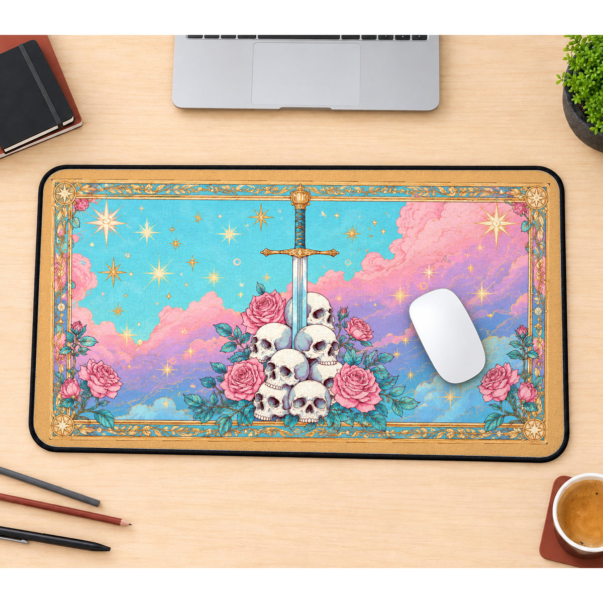 Pastel Sword, Skulls and Roses desk mat — product mockup 1