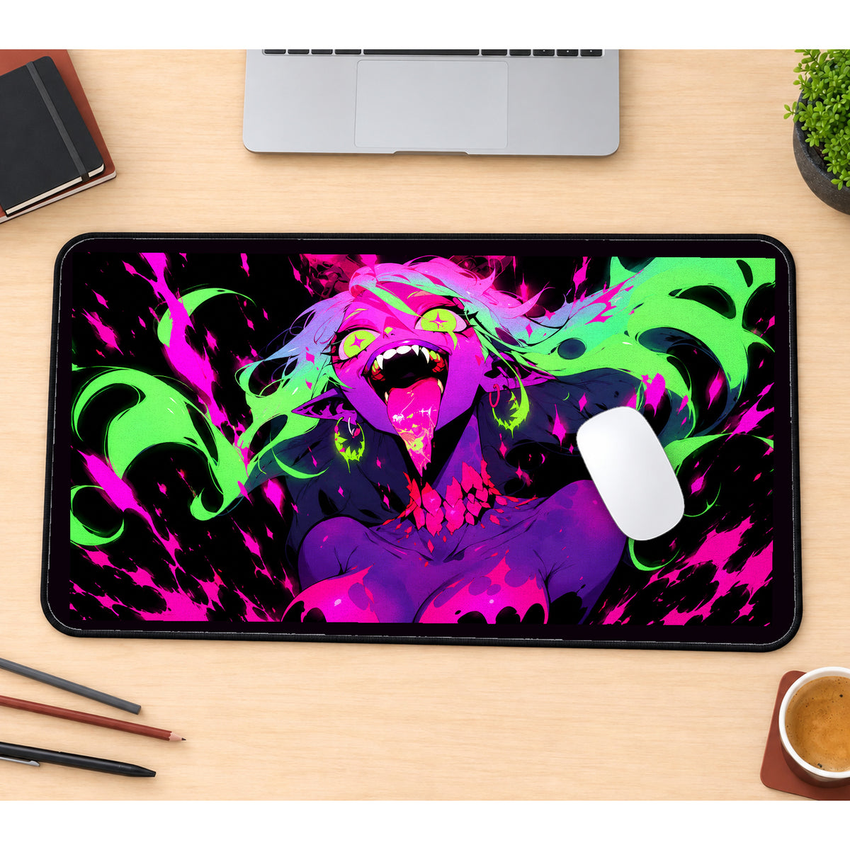 Neon Demonic Vampire Portrait desk mat — product mockup 1