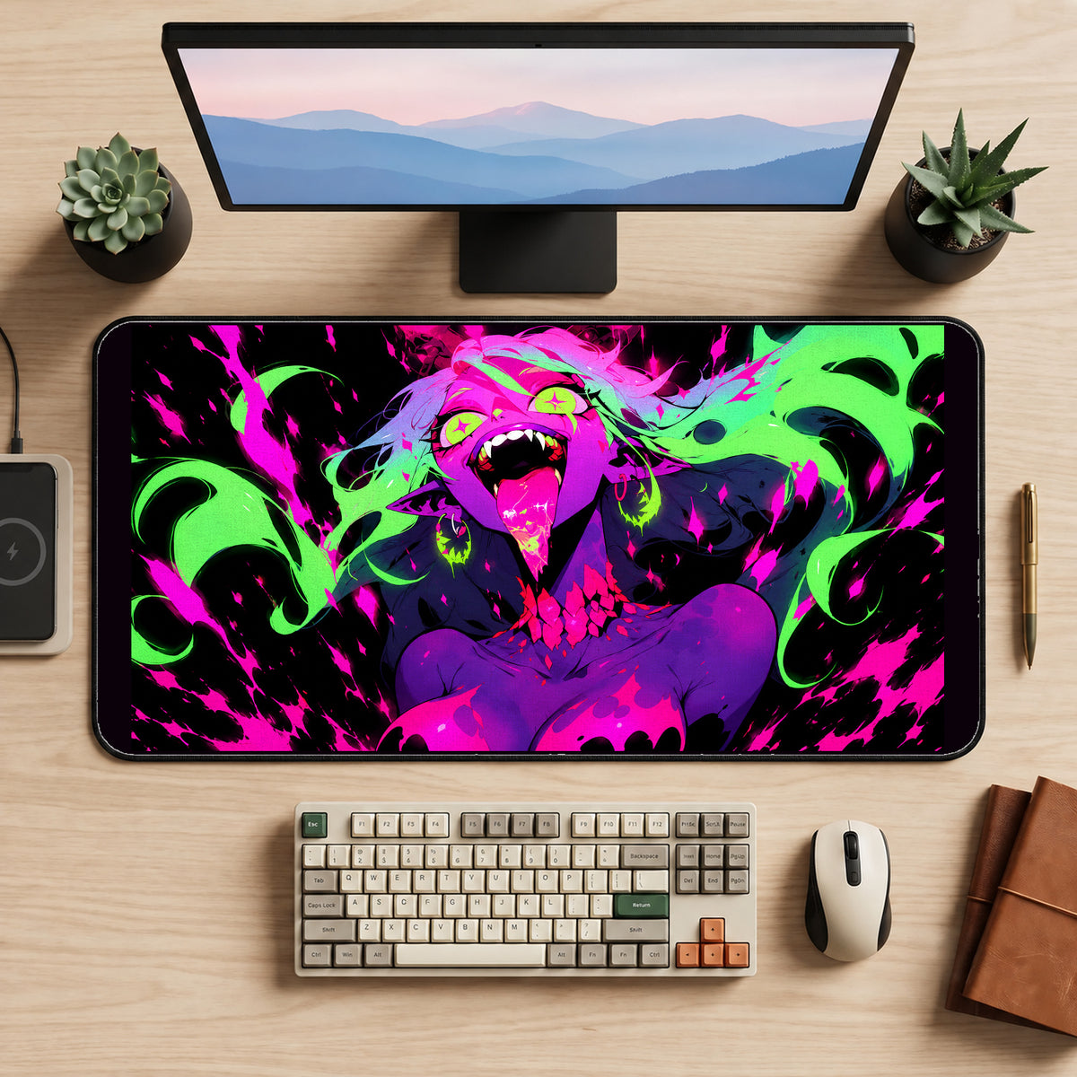 Neon Demonic Vampire Portrait desk mat — product mockup 2