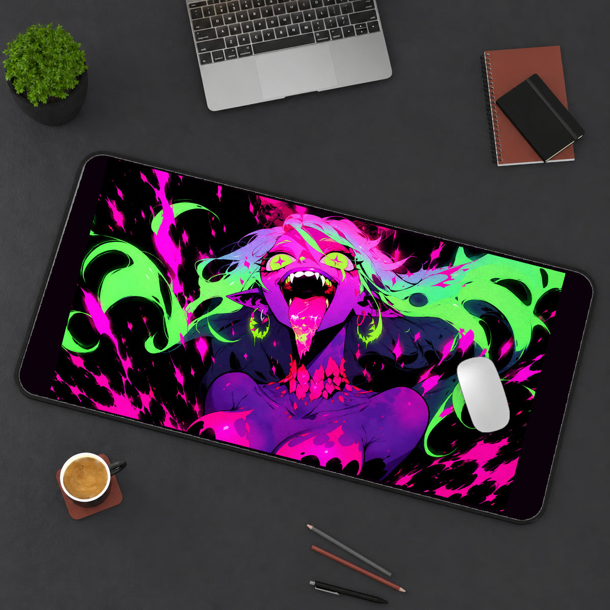Neon Demonic Vampire Portrait desk mat — product mockup 3