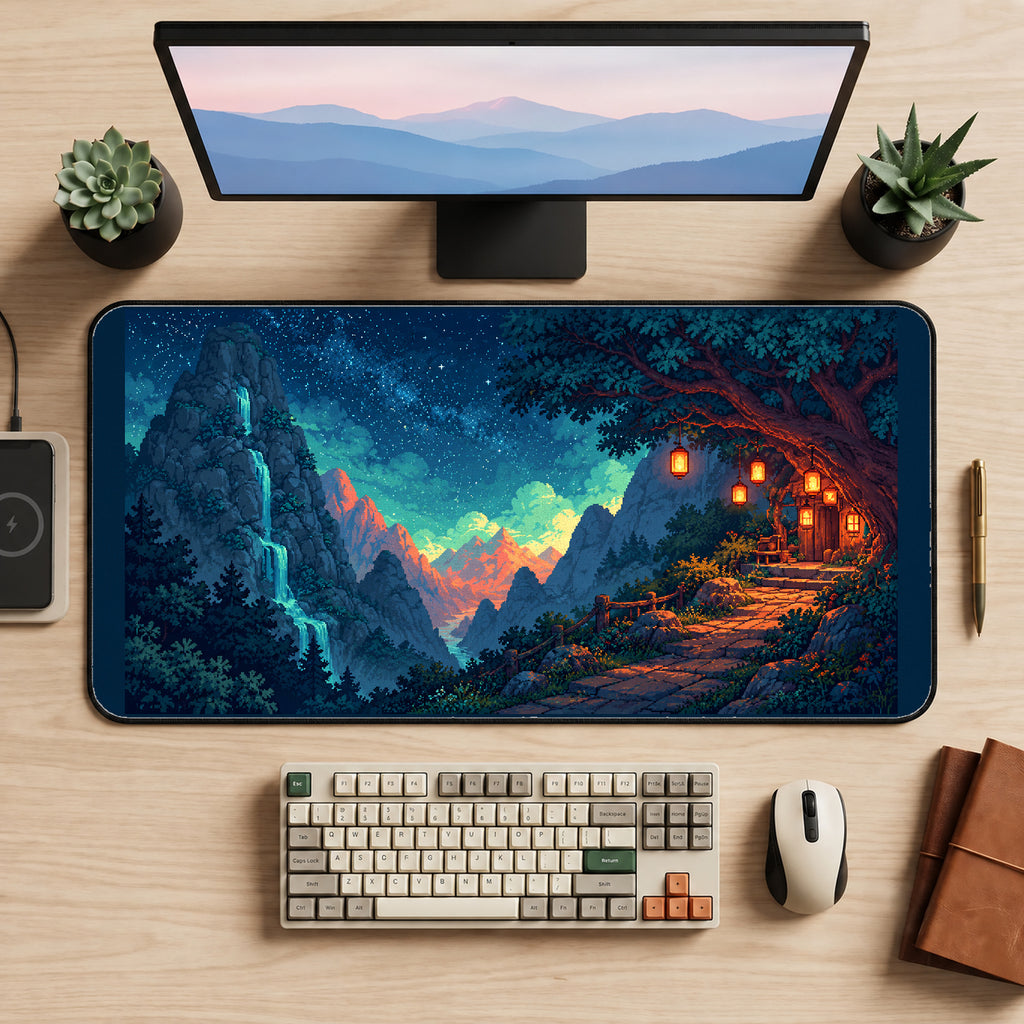 Lantern Cottage in a Night Valley desk mat — product mockup 2
