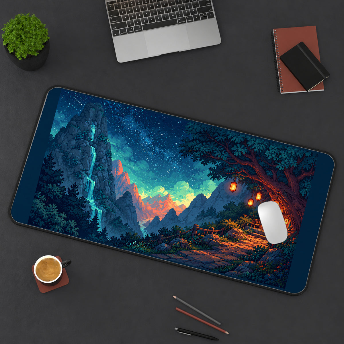 Lantern Cottage in a Night Valley desk mat — product mockup 3