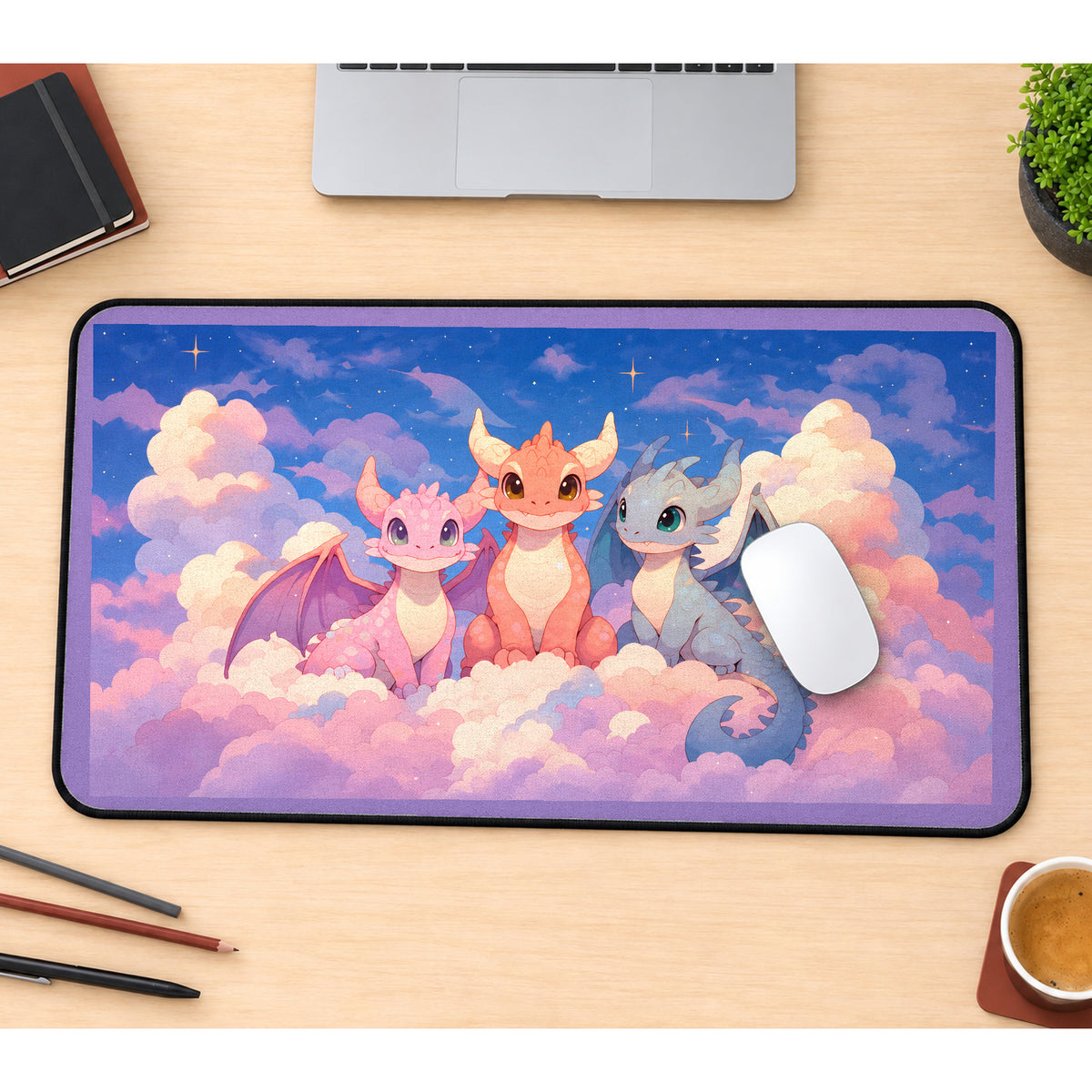 Three Baby Dragons on Clouds desk mat — product mockup 1