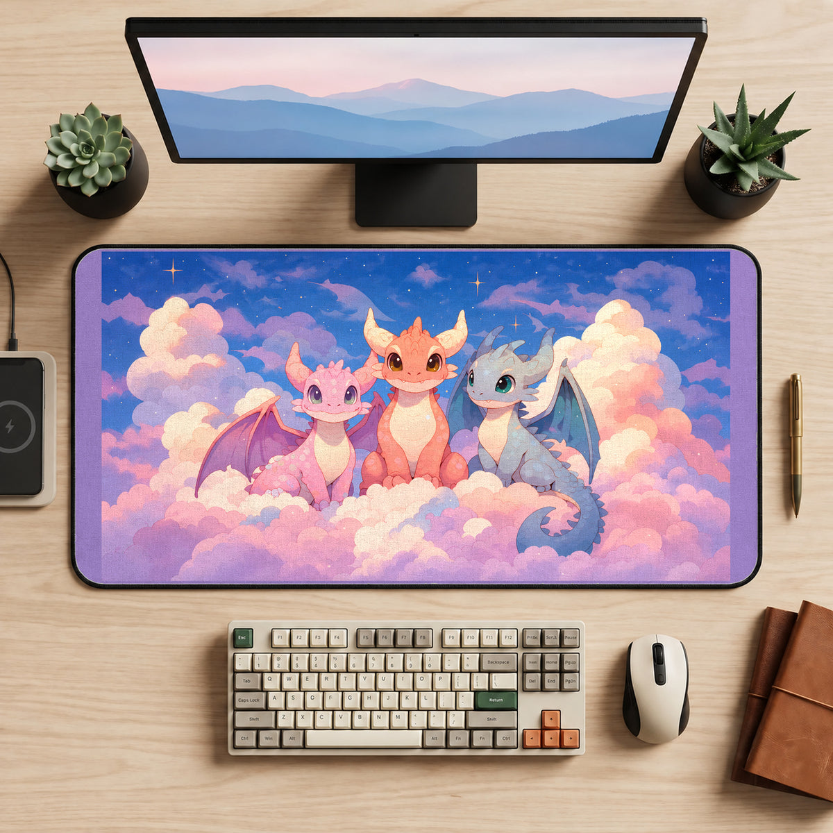 Three Baby Dragons on Clouds desk mat — product mockup 2