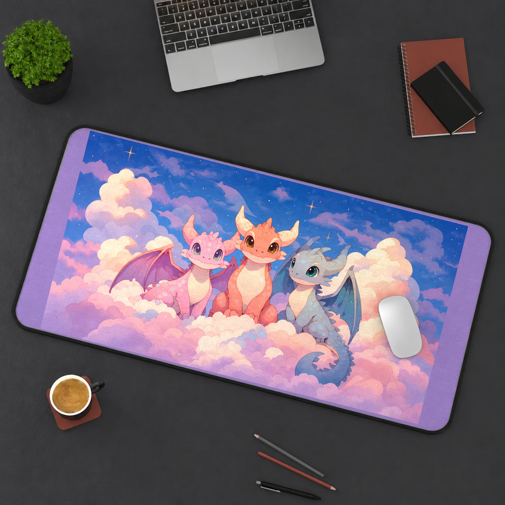 Three Baby Dragons on Clouds desk mat — product mockup 3