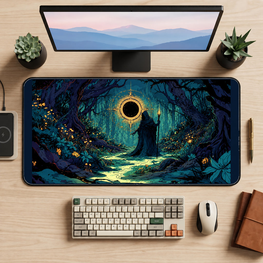 Hooded Druid at a Dark Portal desk mat — product mockup 2