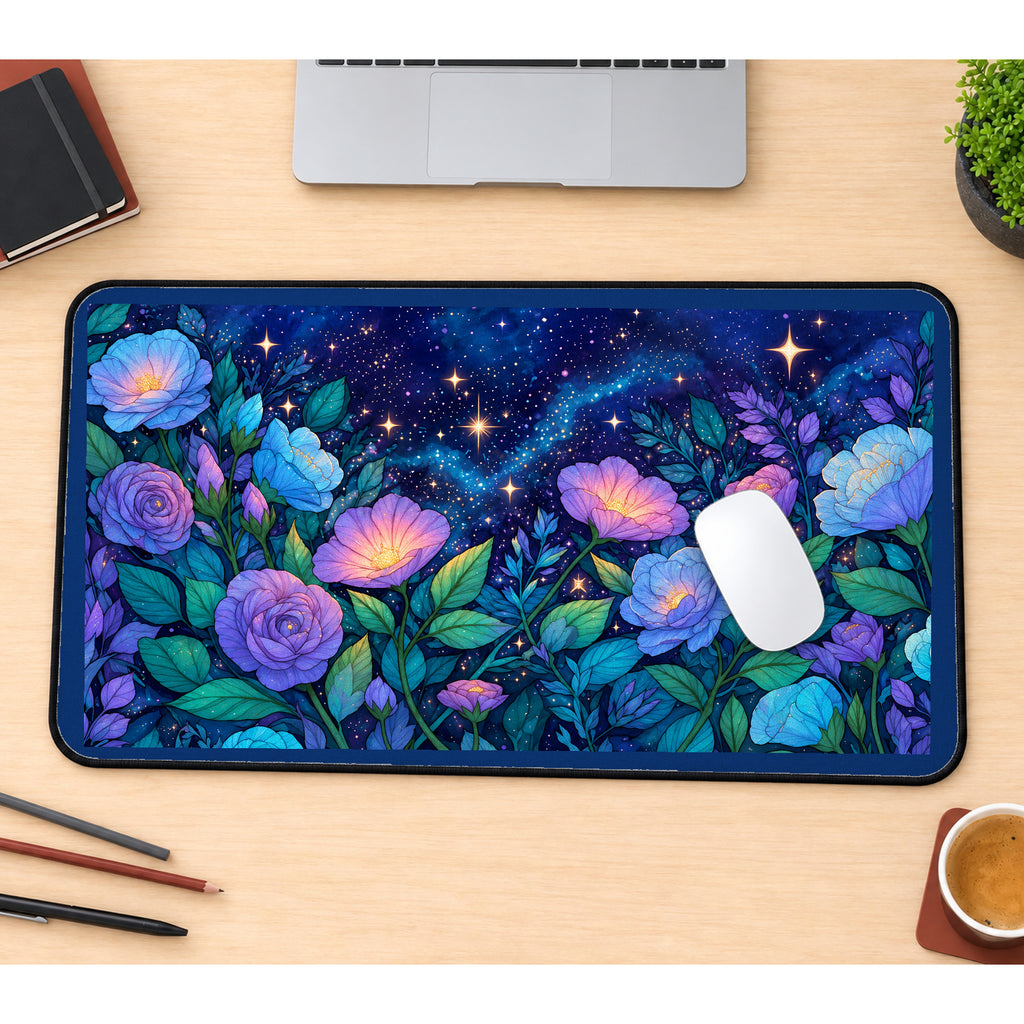 Glowing Blue and Purple Night Flowers desk mat — product mockup 1