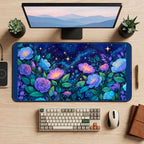 Glowing Blue and Purple Night Flowers desk mat — product mockup 2