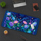 Glowing Blue and Purple Night Flowers desk mat — product mockup 3