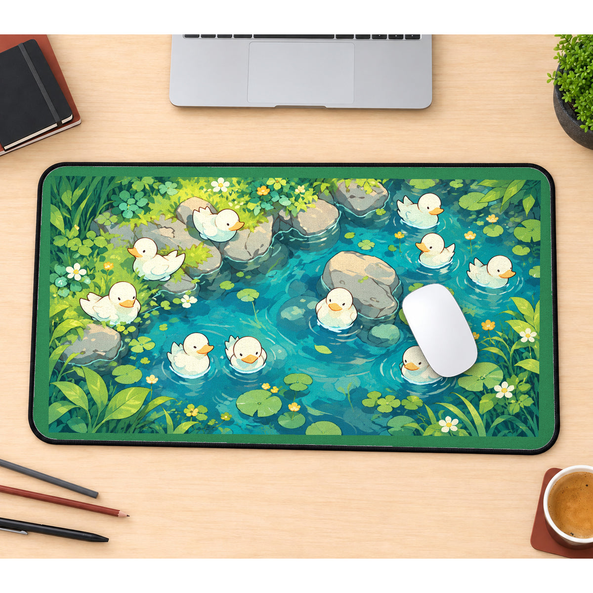 White Ducks in a Green Pond desk mat — product mockup 1