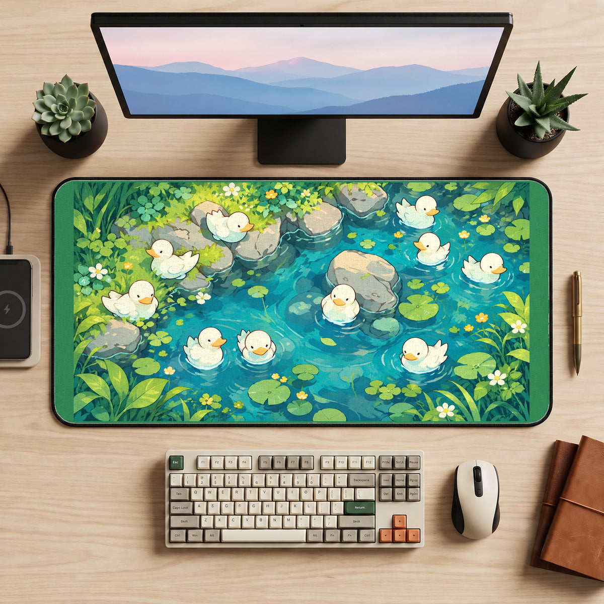 White Ducks in a Green Pond desk mat — product mockup 2