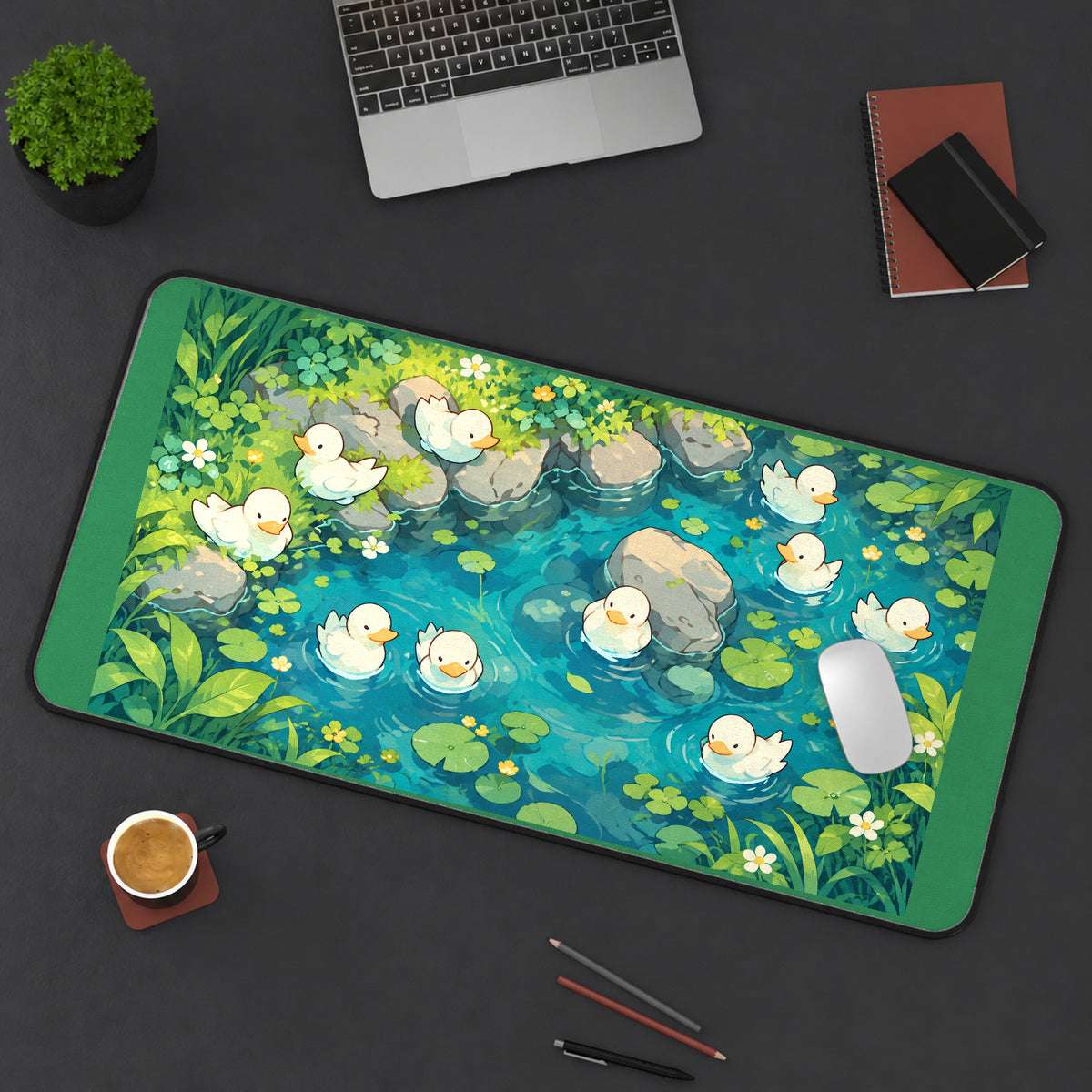White Ducks in a Green Pond desk mat — product mockup 3