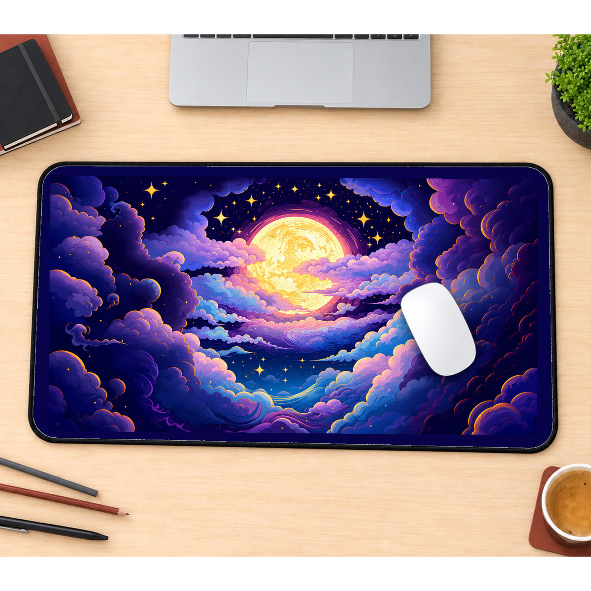 Golden Moon in Purple Clouds desk mat — product mockup 1
