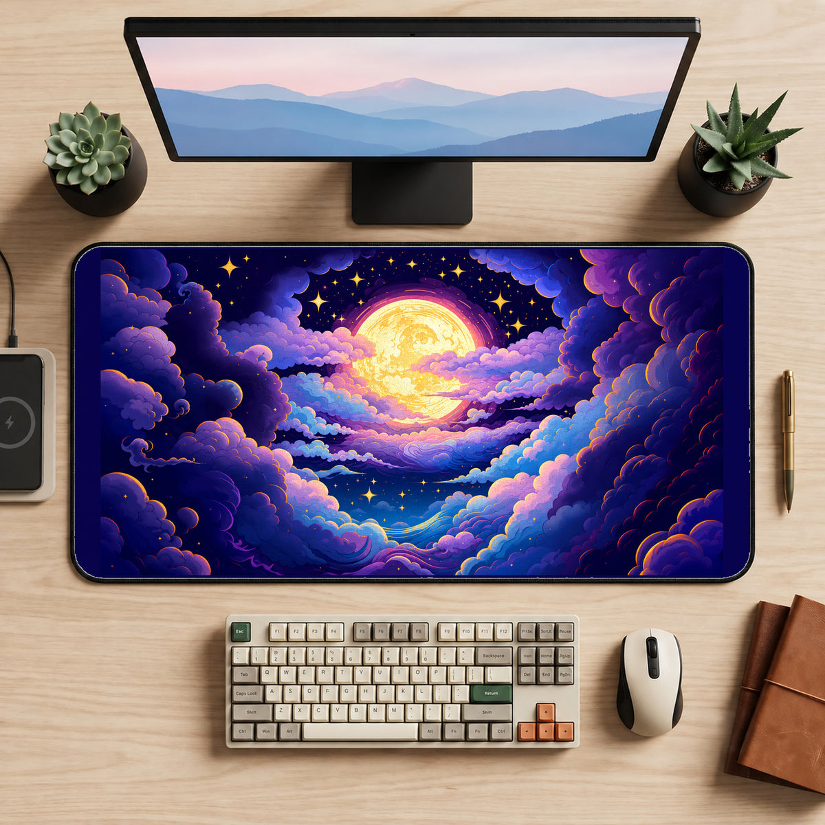 Golden Moon in Purple Clouds desk mat — product mockup 2