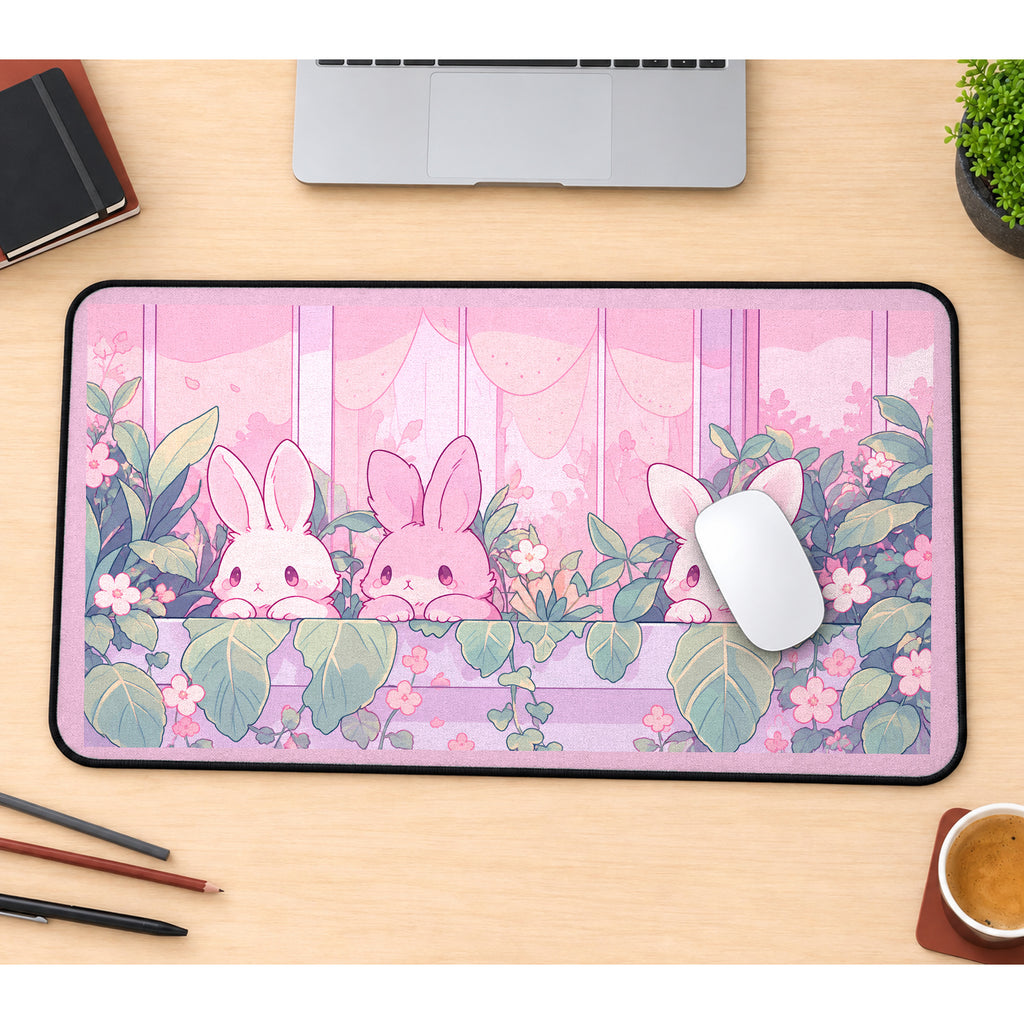 Pastel Bunnies in a Flower Window desk mat — product mockup 1