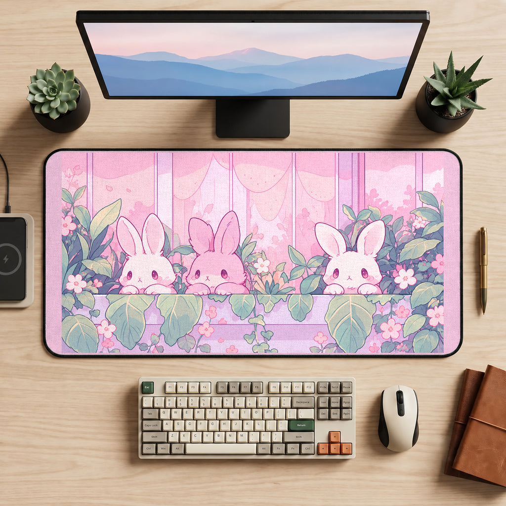 Pastel Bunnies in a Flower Window desk mat — product mockup 2