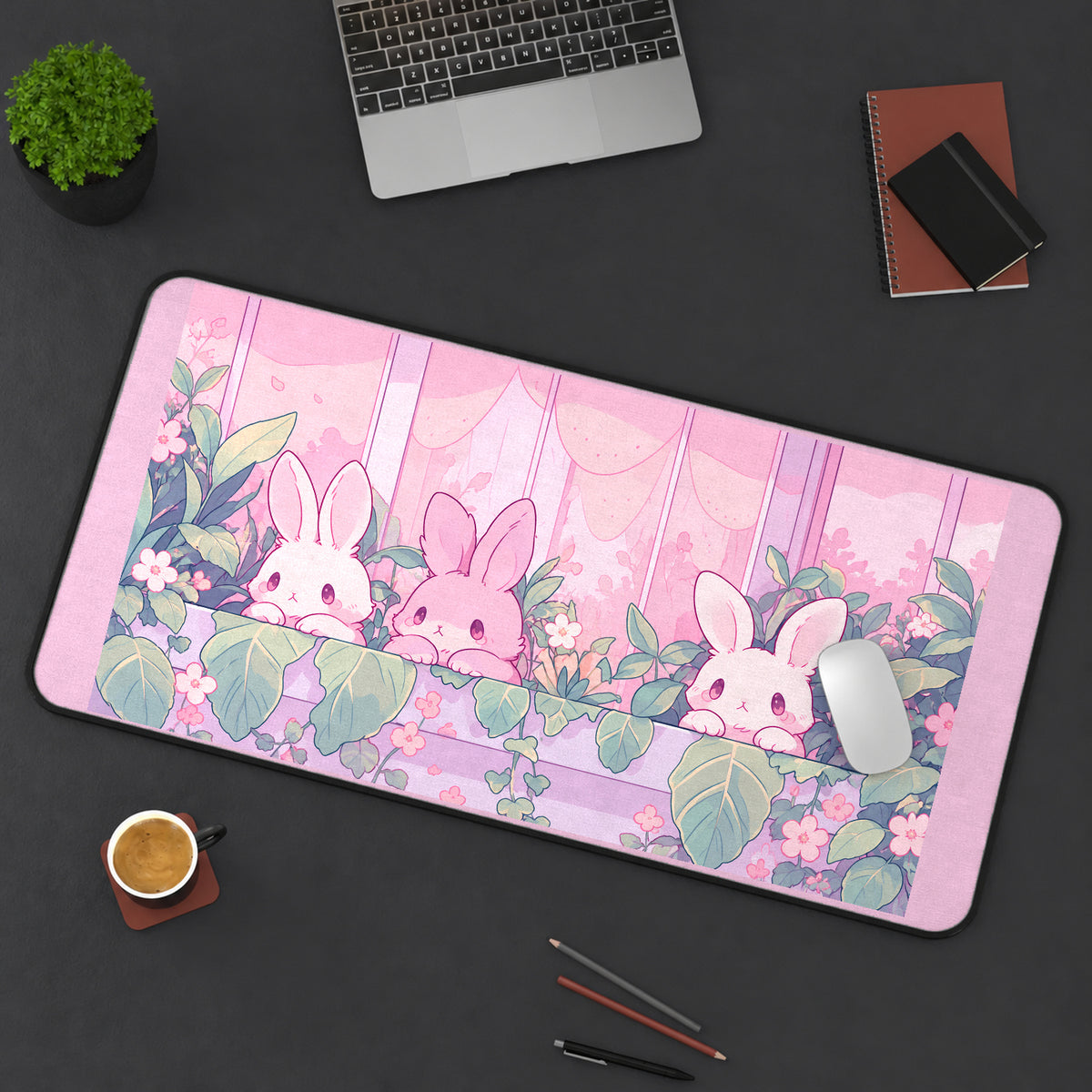 Pastel Bunnies in a Flower Window desk mat — product mockup 3