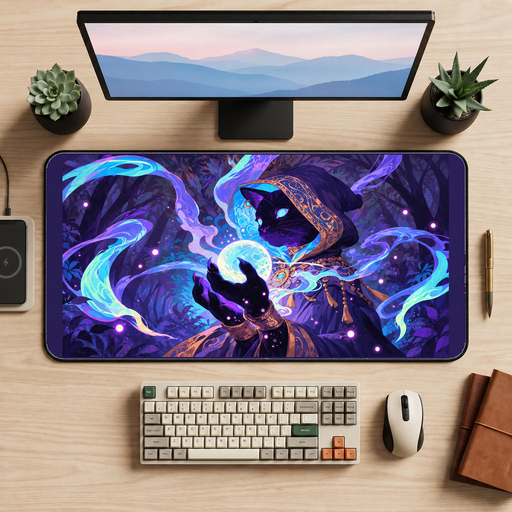 Cat Sorcerer with a Glowing Orb desk mat — product mockup 2