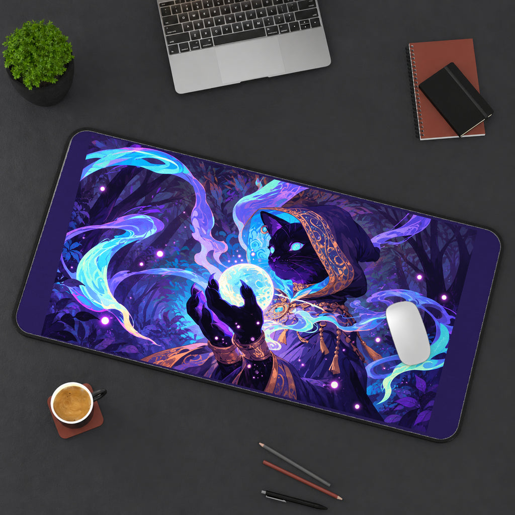 Cat Sorcerer with a Glowing Orb desk mat — product mockup 3