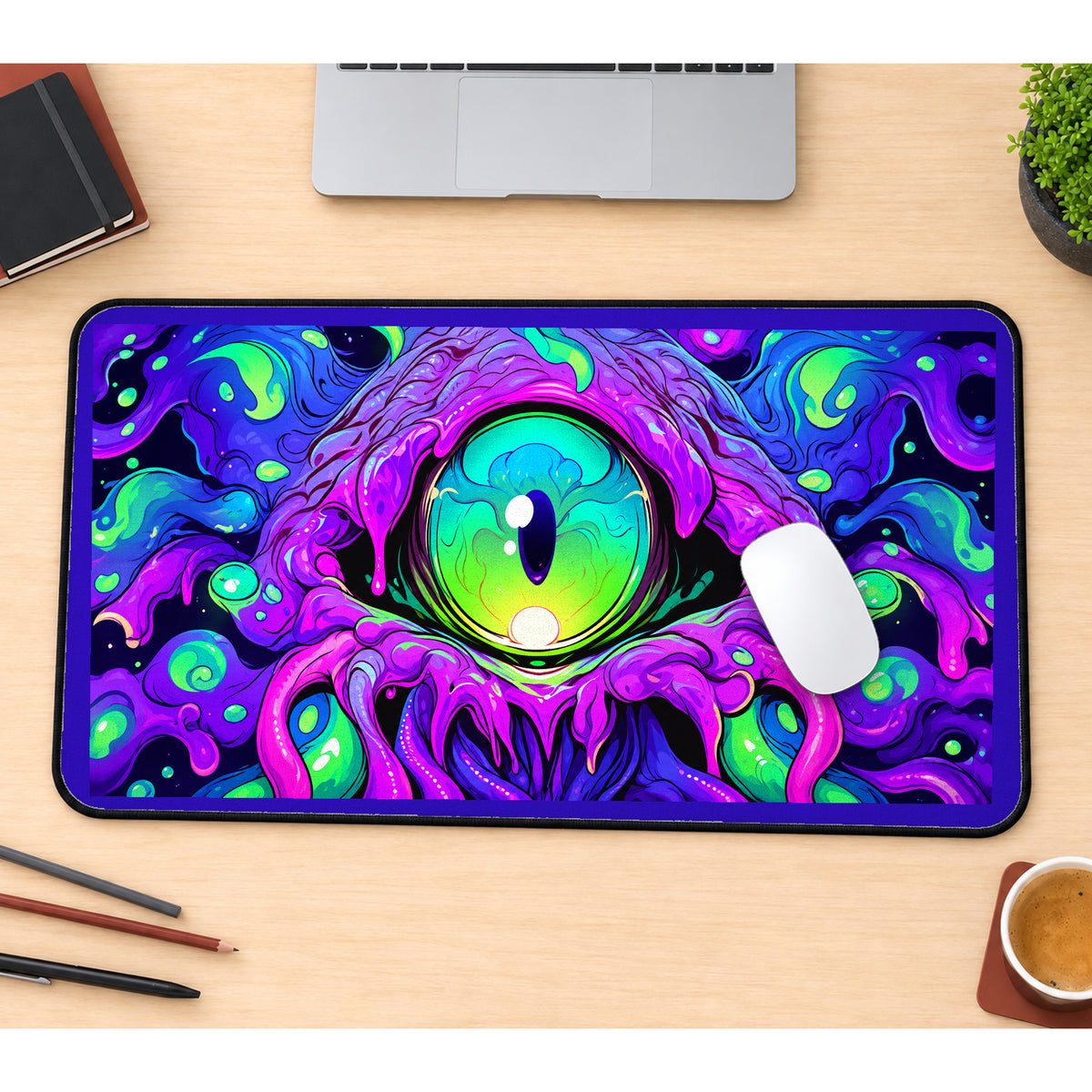 Neon Green Monster Eye desk mat — product mockup 1