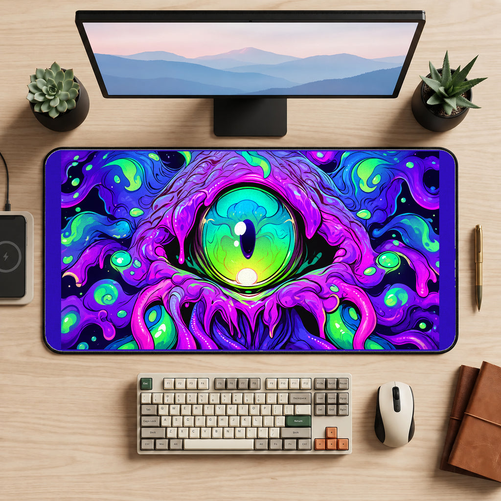 Neon Green Monster Eye desk mat — product mockup 2