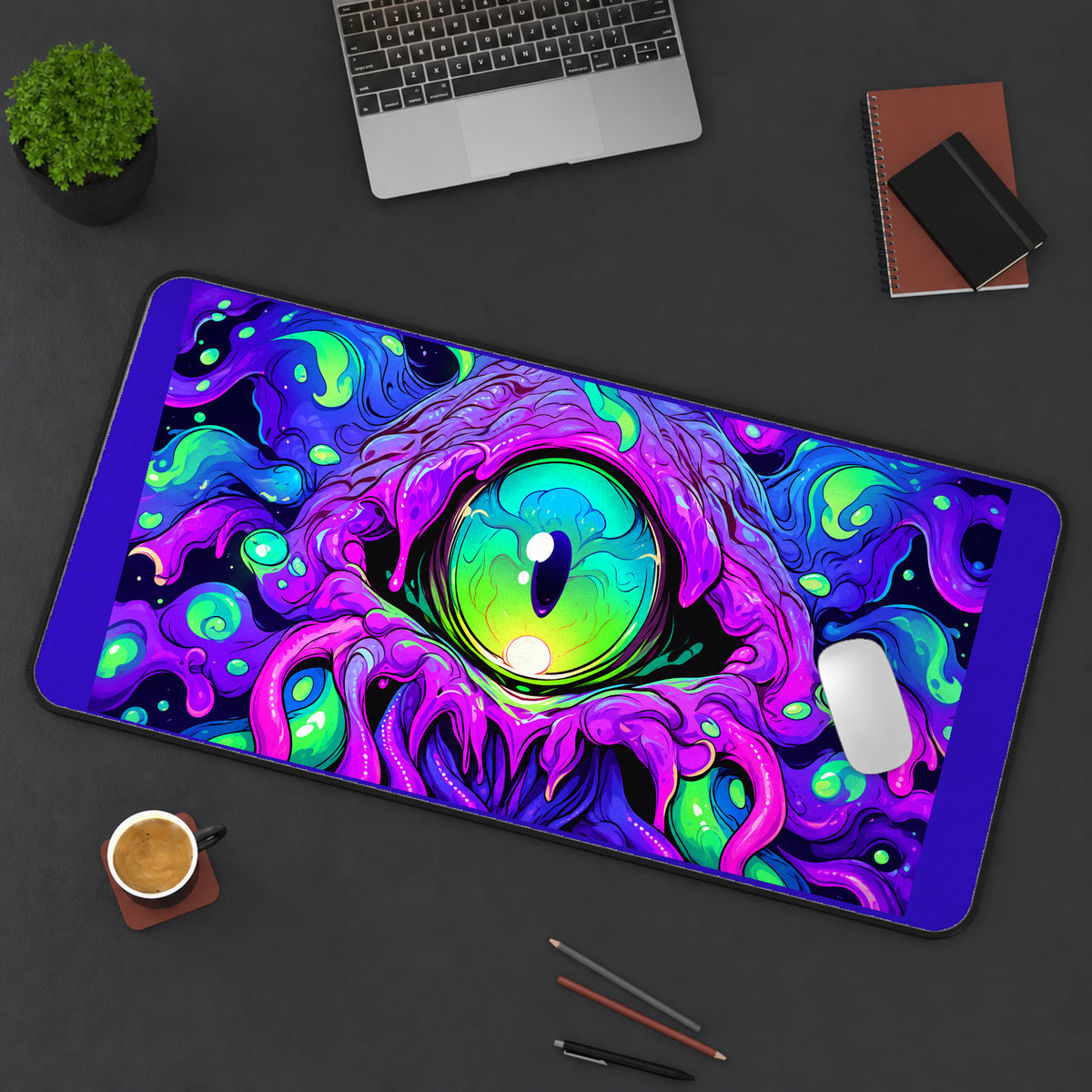 Neon Green Monster Eye desk mat — product mockup 3