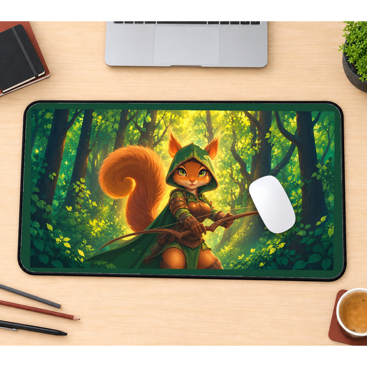 Squirrel Archer in Sunlit Woods desk mat — product mockup 1