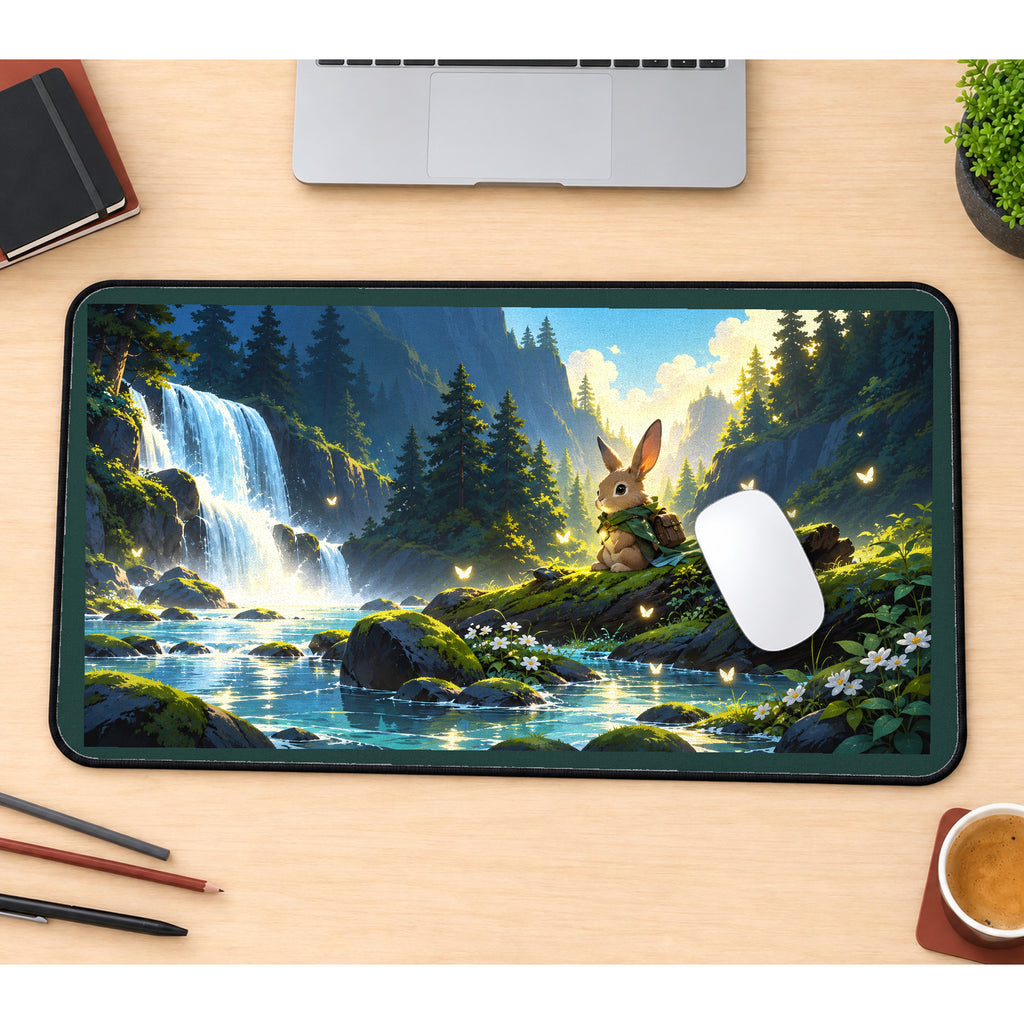 Traveling Rabbit by a Waterfall desk mat — product mockup 1