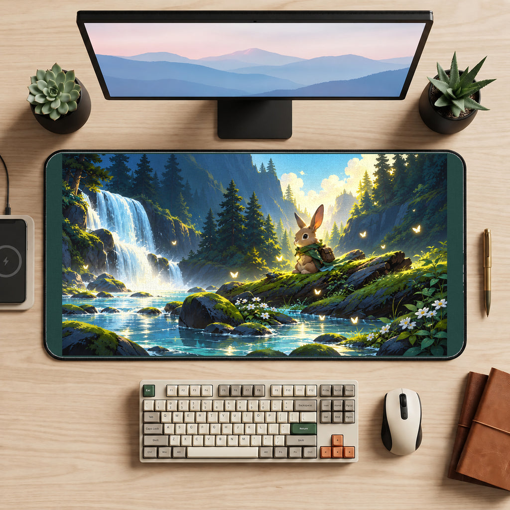 Traveling Rabbit by a Waterfall desk mat — product mockup 2