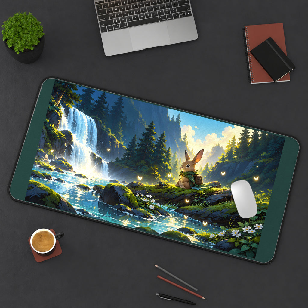 Traveling Rabbit by a Waterfall desk mat — product mockup 3