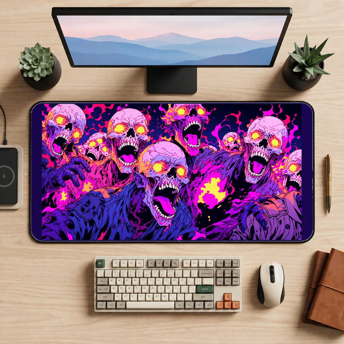 Neon Pink Zombie Crowd desk mat — product mockup 2