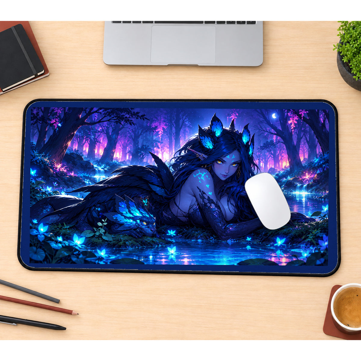 Blue Faerie in a Moonlit Forest desk mat — product mockup 1