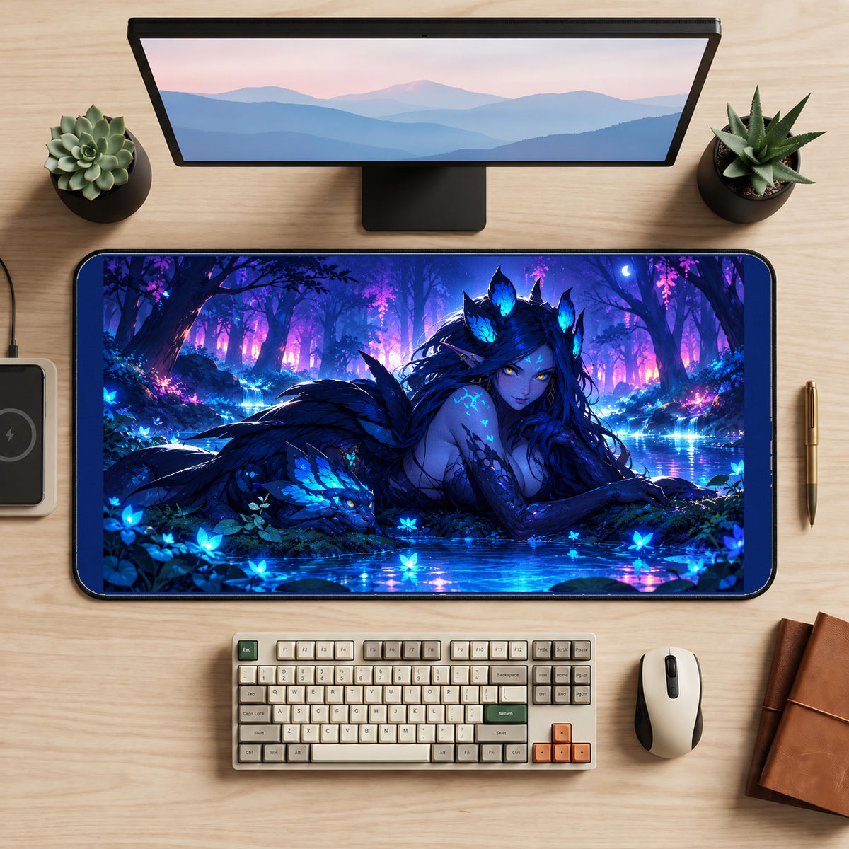 Blue Faerie in a Moonlit Forest desk mat — product mockup 2