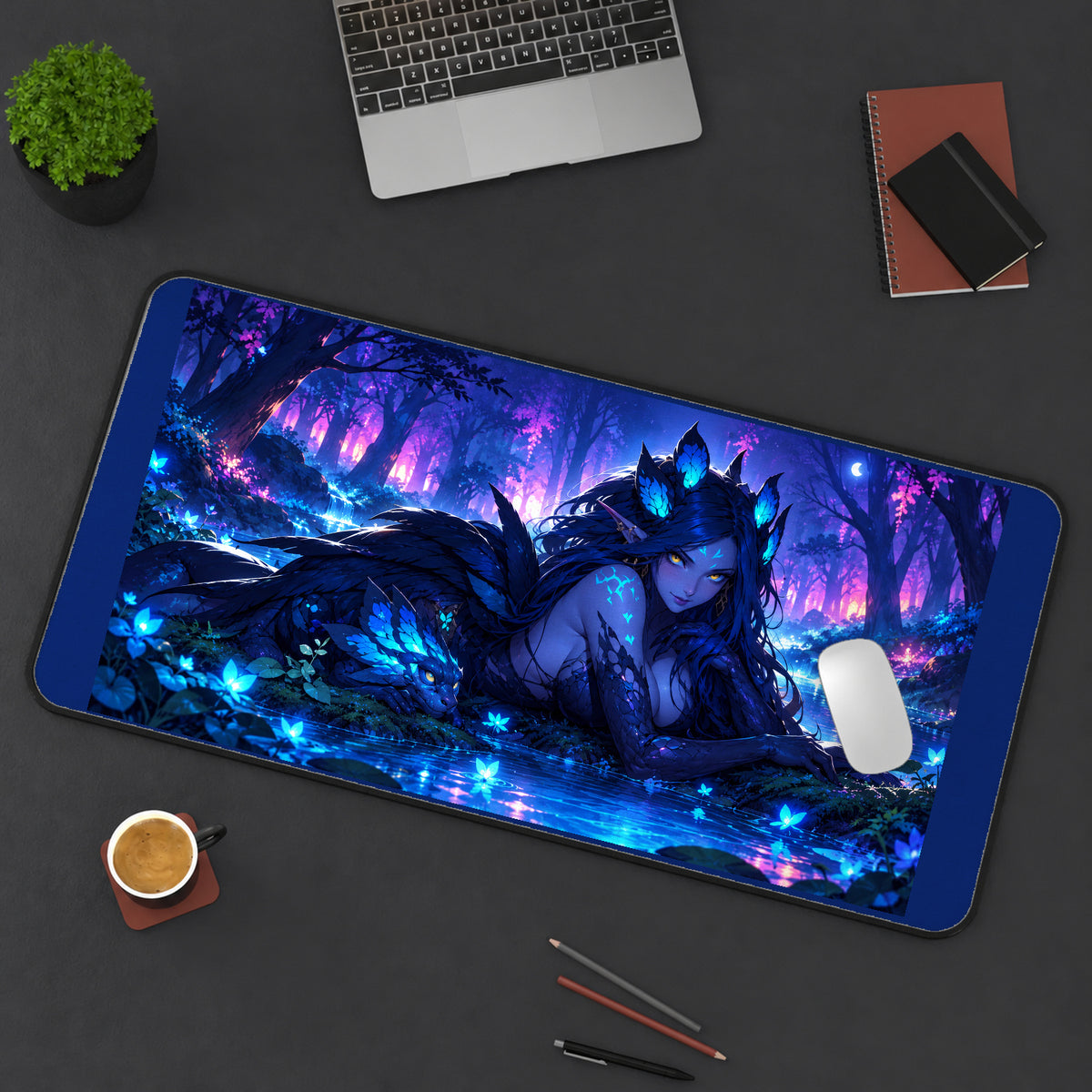 Blue Faerie in a Moonlit Forest desk mat — product mockup 3