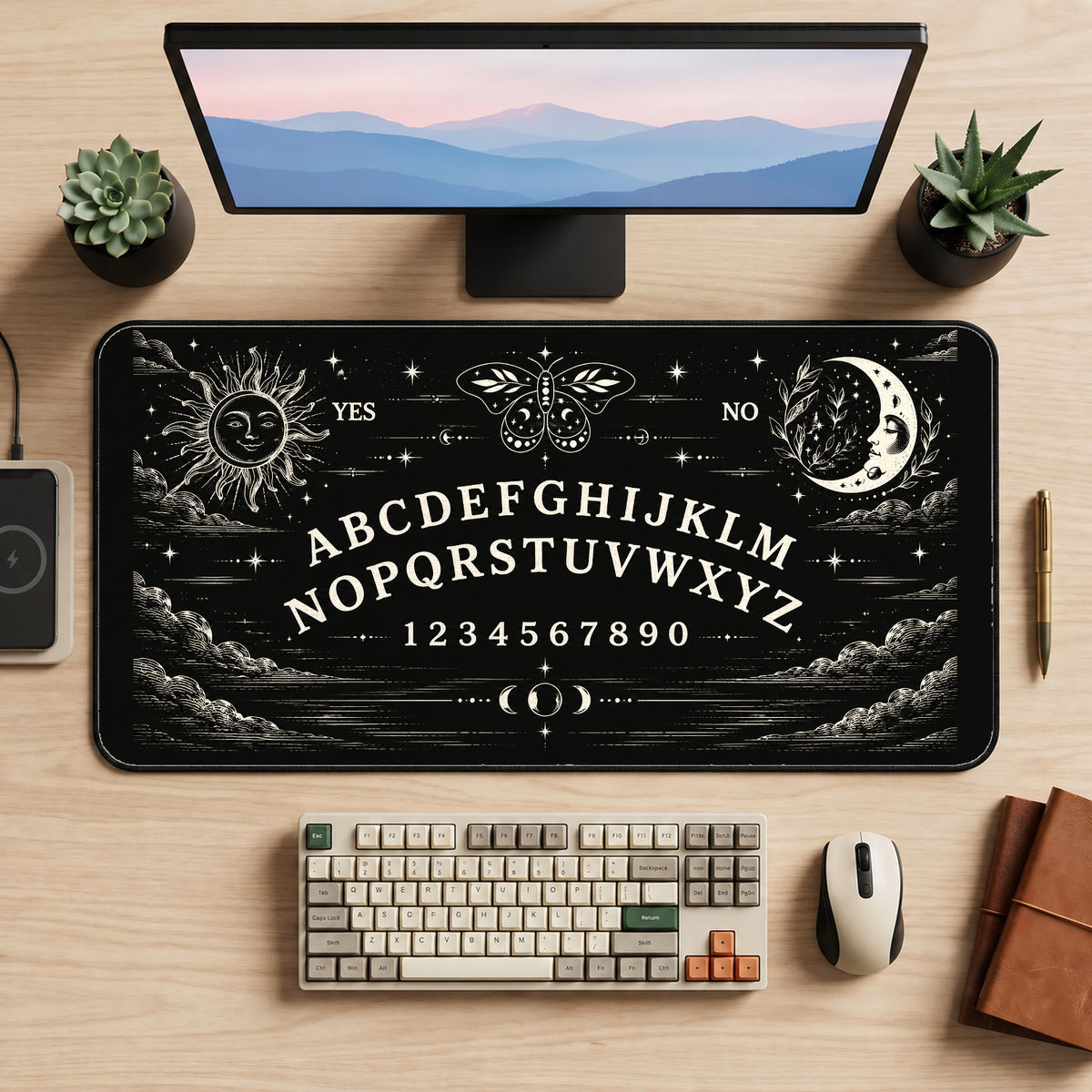 Celestial Spirit Board Alphabet desk mat — product mockup 2