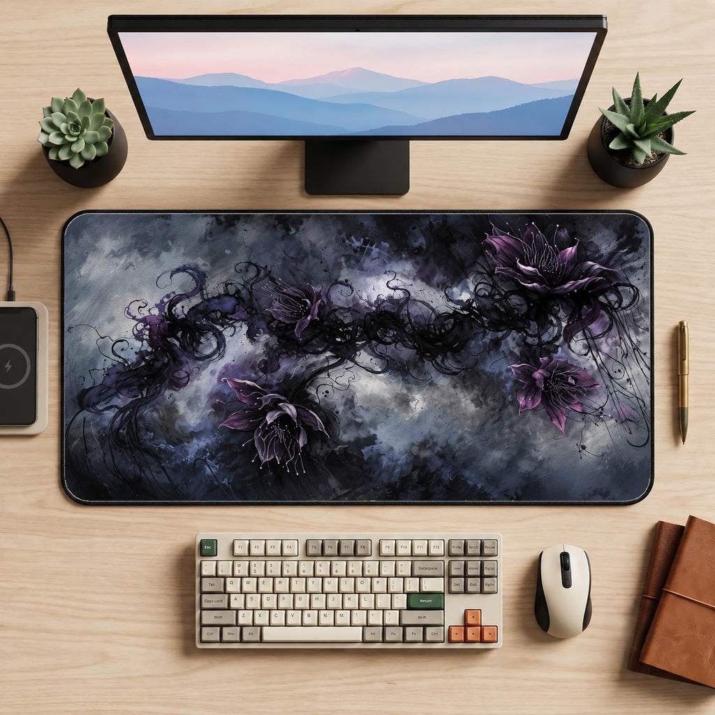 Violet Gothic Spider Lilies Desk Mat — product mockup 2