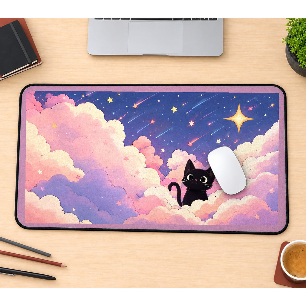 Black Kitten in Pastel Clouds desk mat — product mockup 1