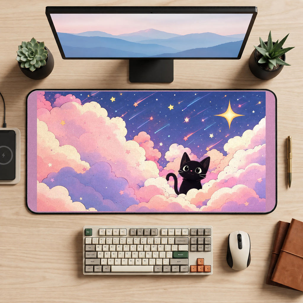 Black Kitten in Pastel Clouds desk mat — product mockup 2