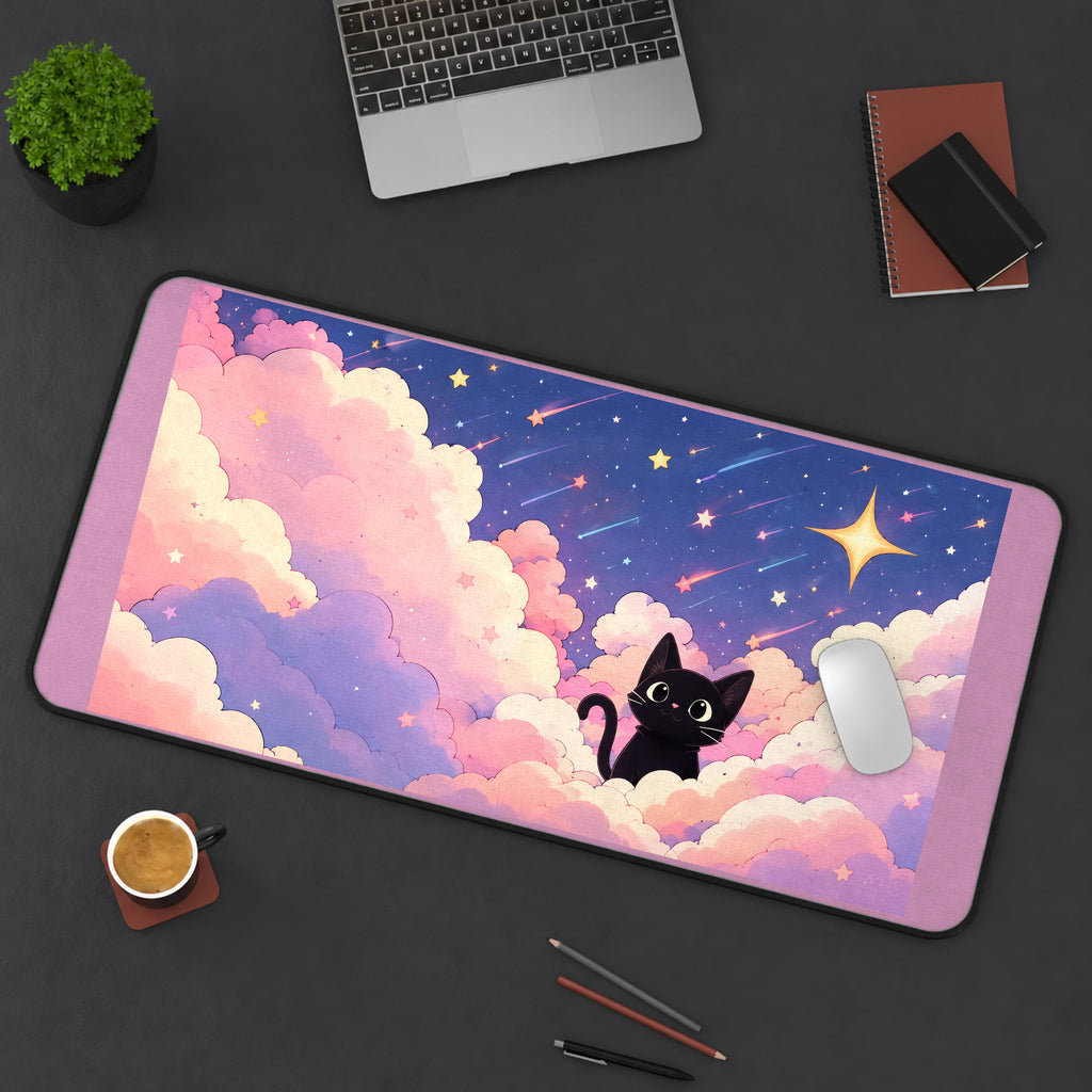 Black Kitten in Pastel Clouds desk mat — product mockup 3