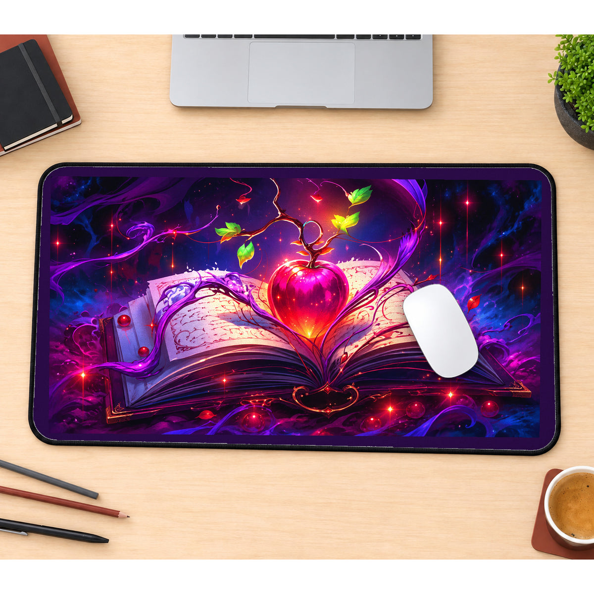 Crimson Apple above a Spellbook desk mat — product mockup 1