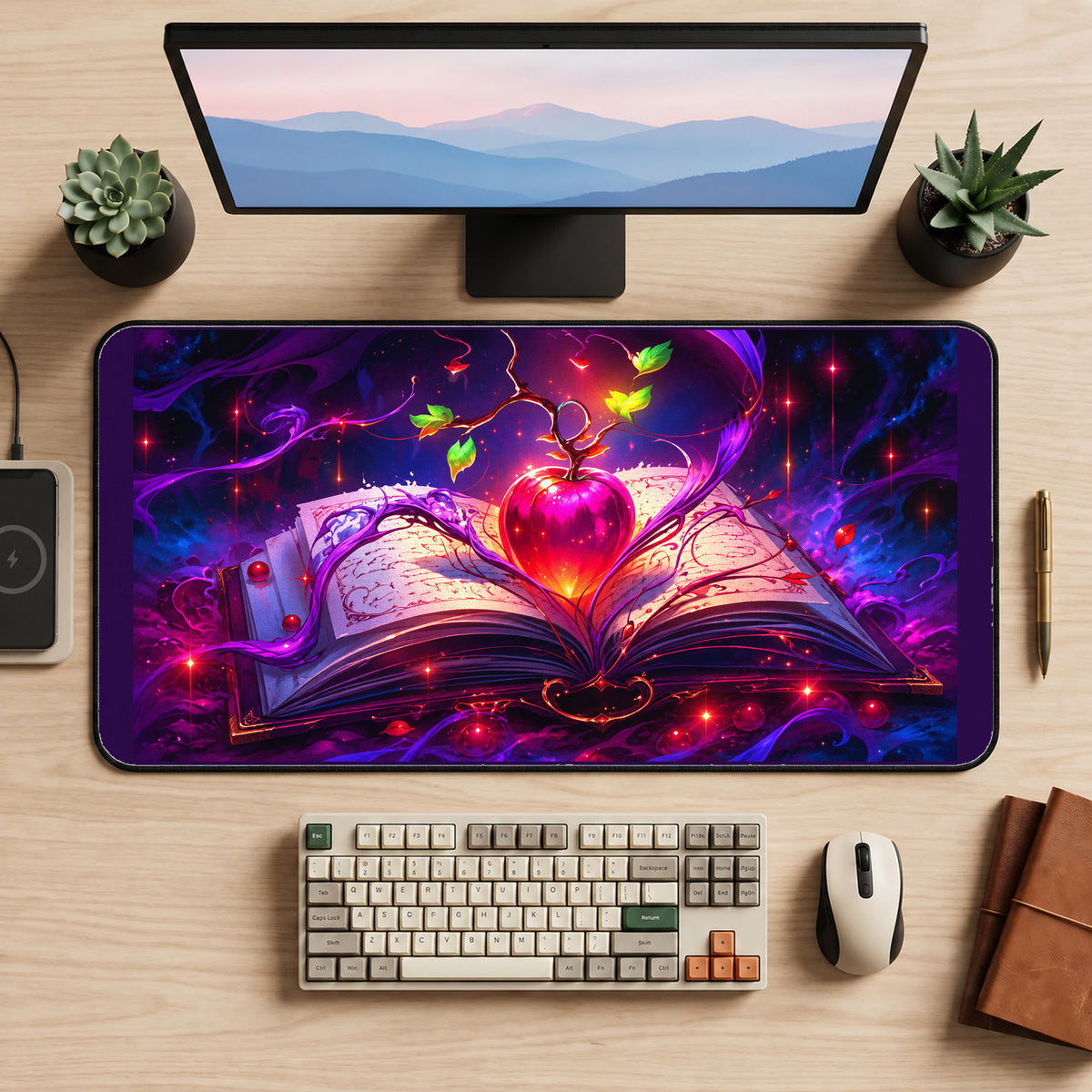 Crimson Apple above a Spellbook desk mat — product mockup 2