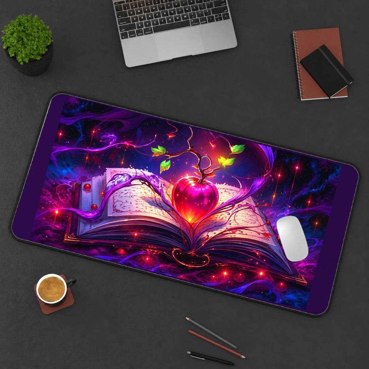 Crimson Apple above a Spellbook desk mat — product mockup 3