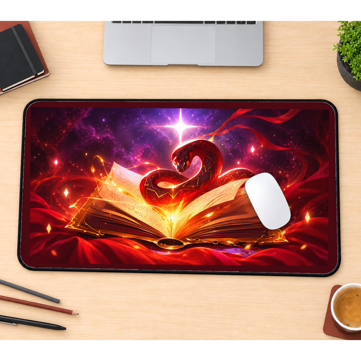 Red Serpent above a Spellbook desk mat — product mockup 1