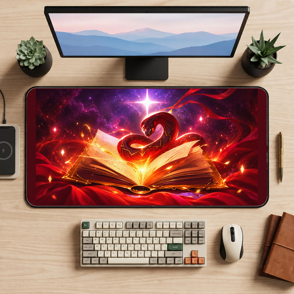 Red Serpent above a Spellbook desk mat — product mockup 2