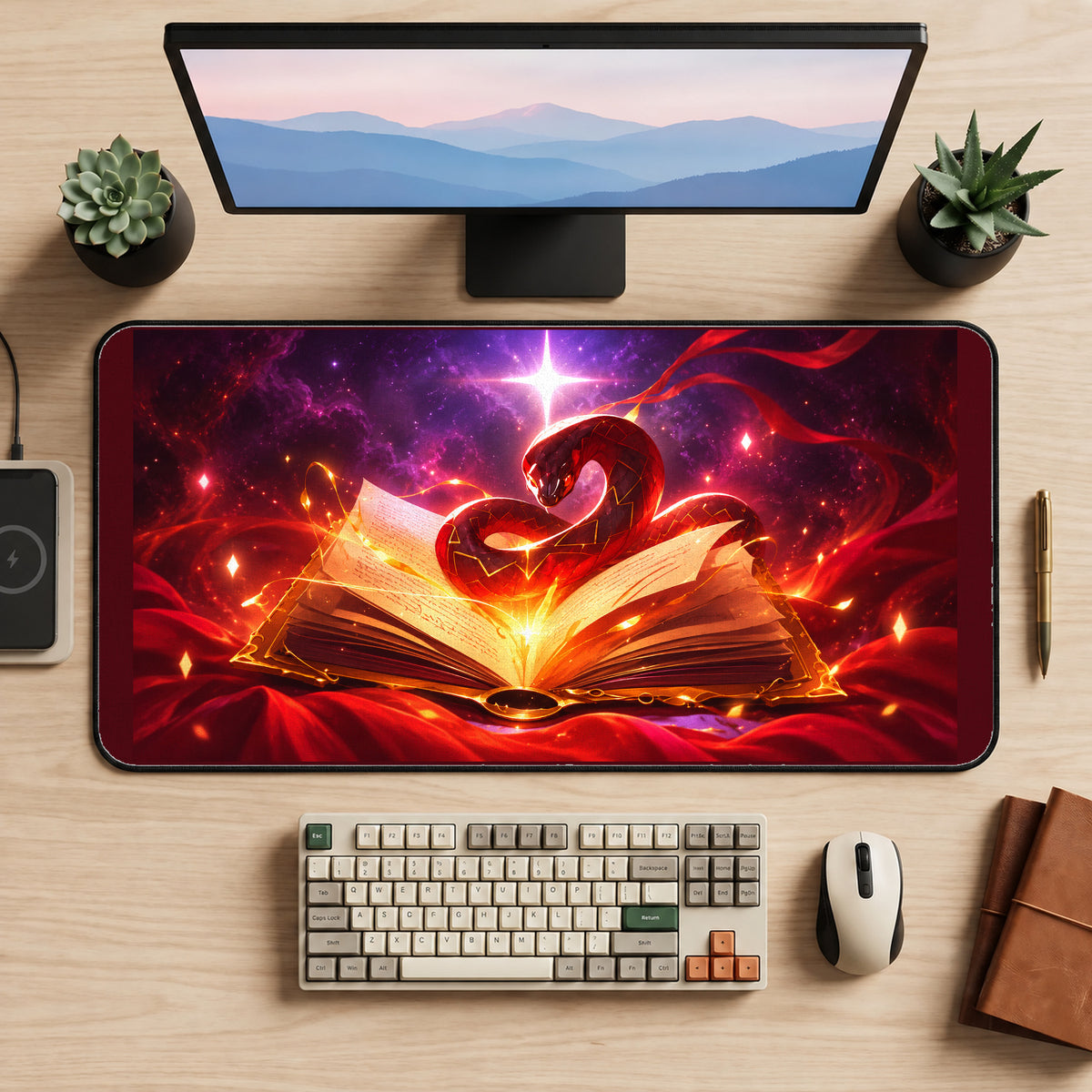 Red Serpent above a Spellbook desk mat — product mockup 2
